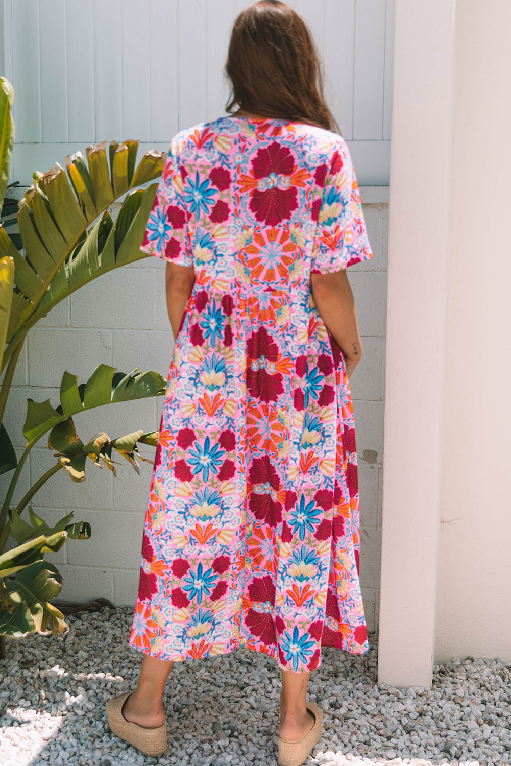 Women's Pink Floral Short Sleeve Summer Midi Dress