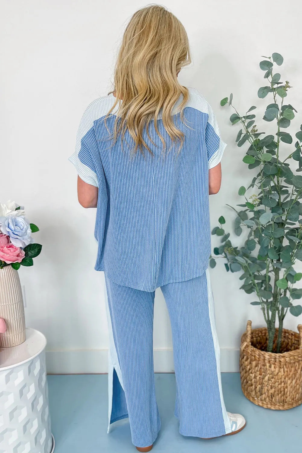 Ribbed Colourblock Co-ord Set with Wide-Leg Trousers