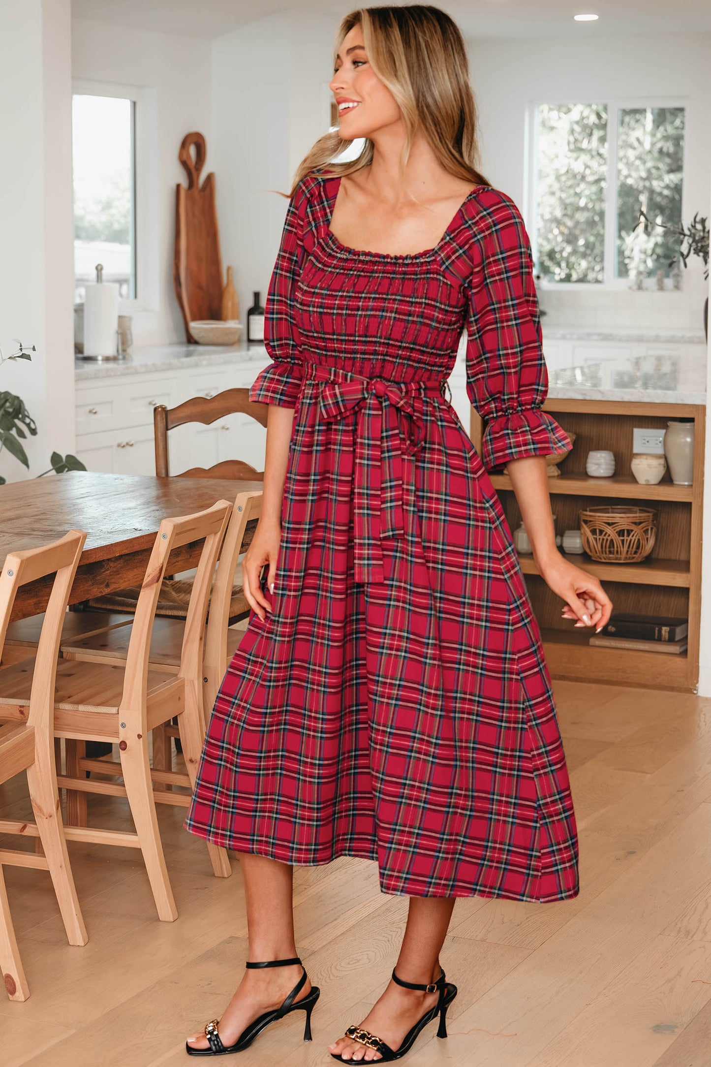 Women's Red Square Neck Puff Sleeve Summer Midi Dress