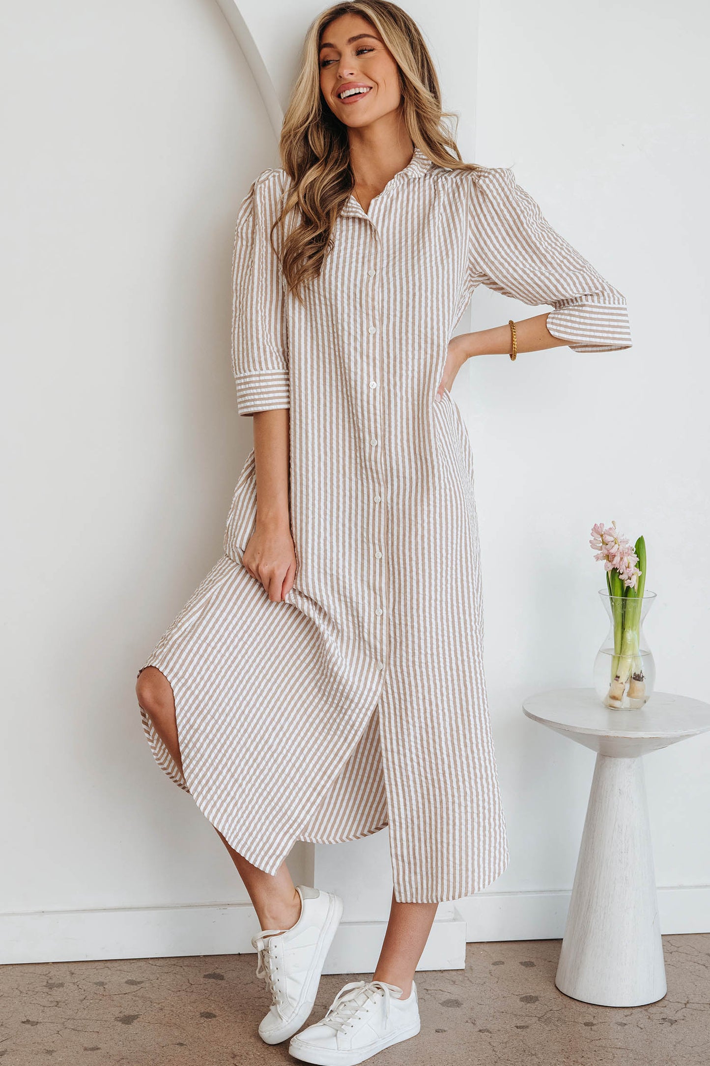 Women's Khaki Stripe Summer Maxi Dress