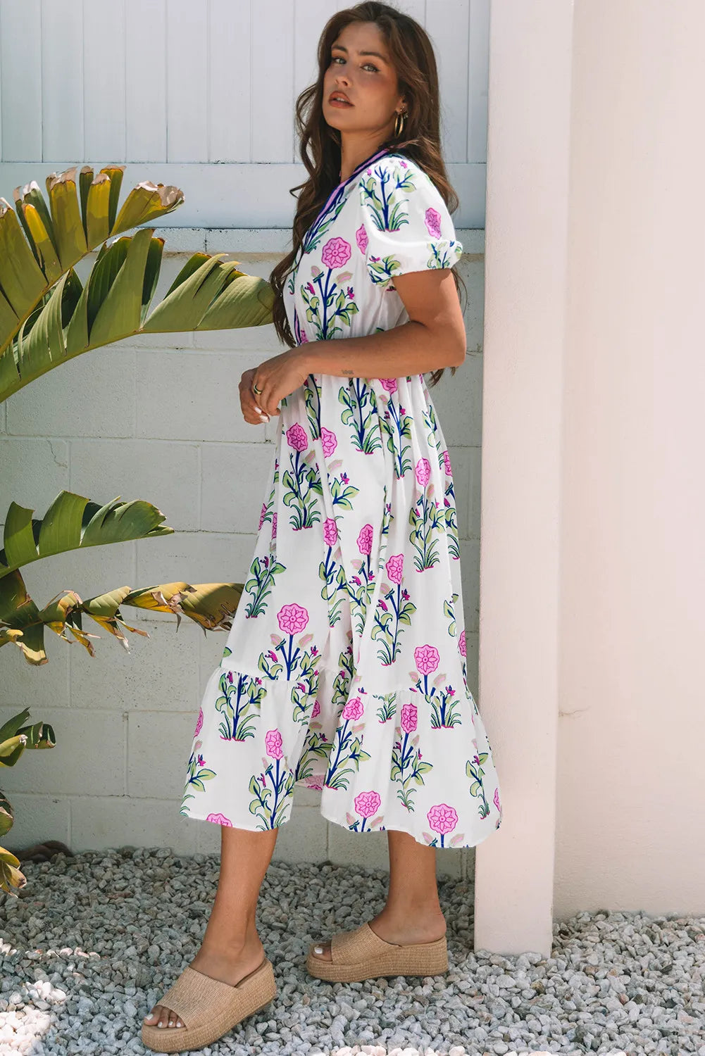 Floral Puff Sleeve Maxi Dress with Pockets