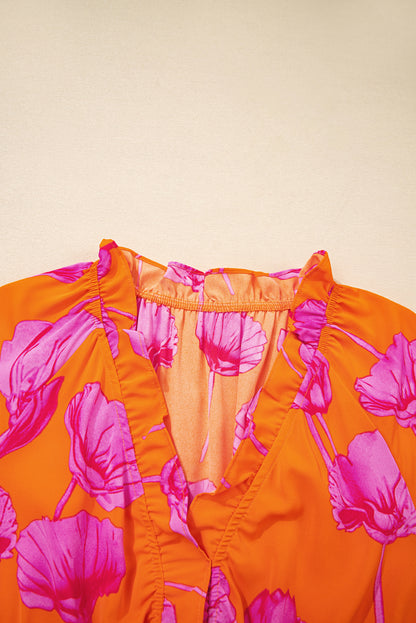 Women's Orange Floral V Neck Summer Midi Dress