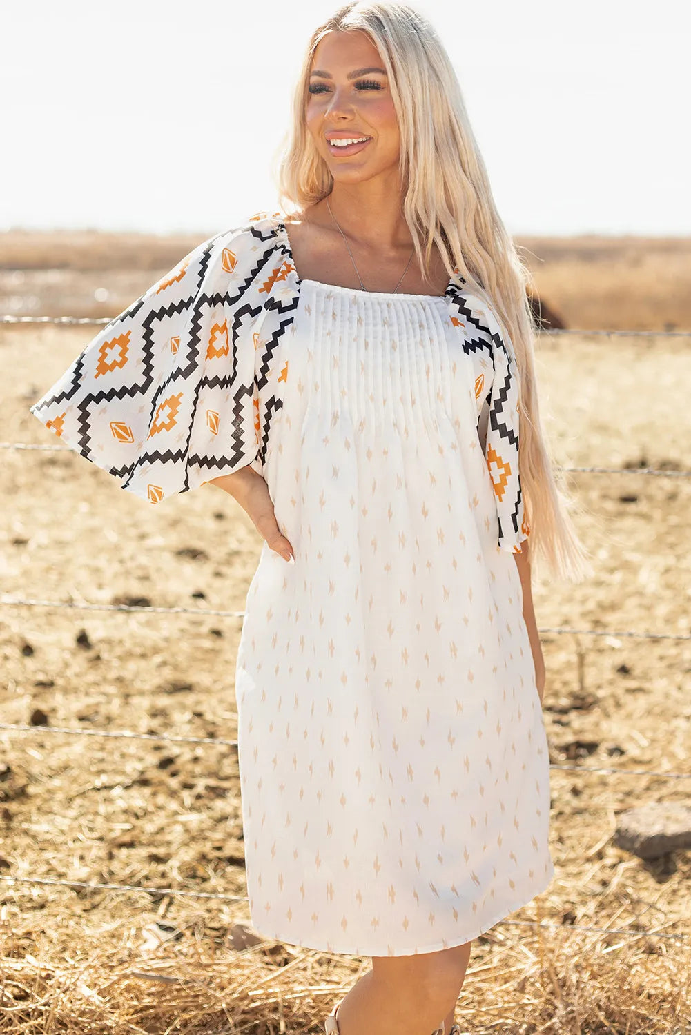 Beige Aztec Print Square Neck Mini Dress
