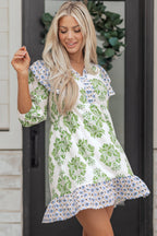 Green Floral Print Contrast Patchwork Ruffle Detail Mini Dress