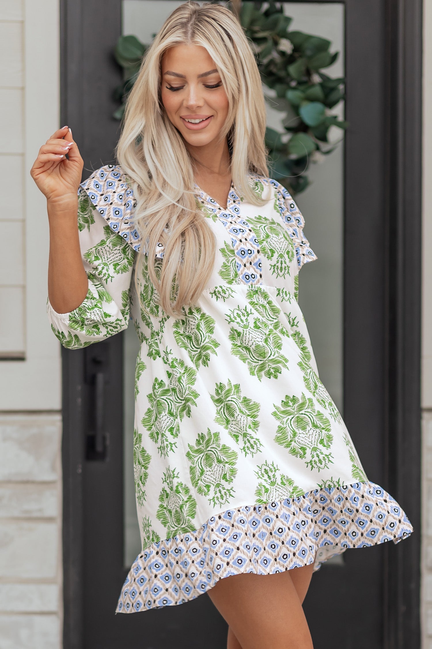 Green Floral Print Contrast Patchwork Ruffle Detail Mini Dress