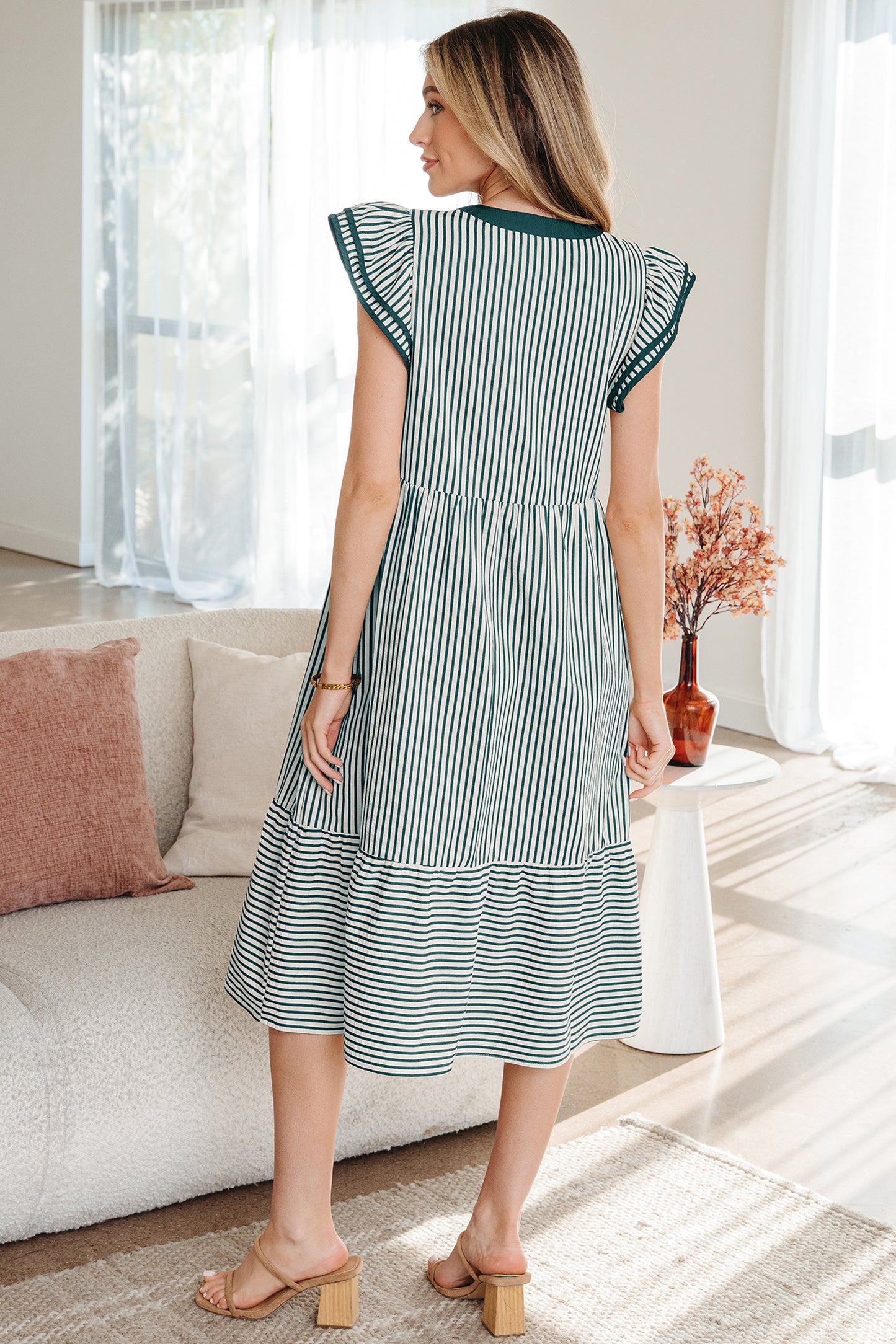 Women's Green Stripe Short Sleeve Summer Midi Dress
