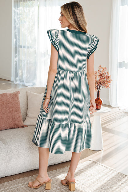 Women's Green Stripe Short Sleeve Summer Midi Dress