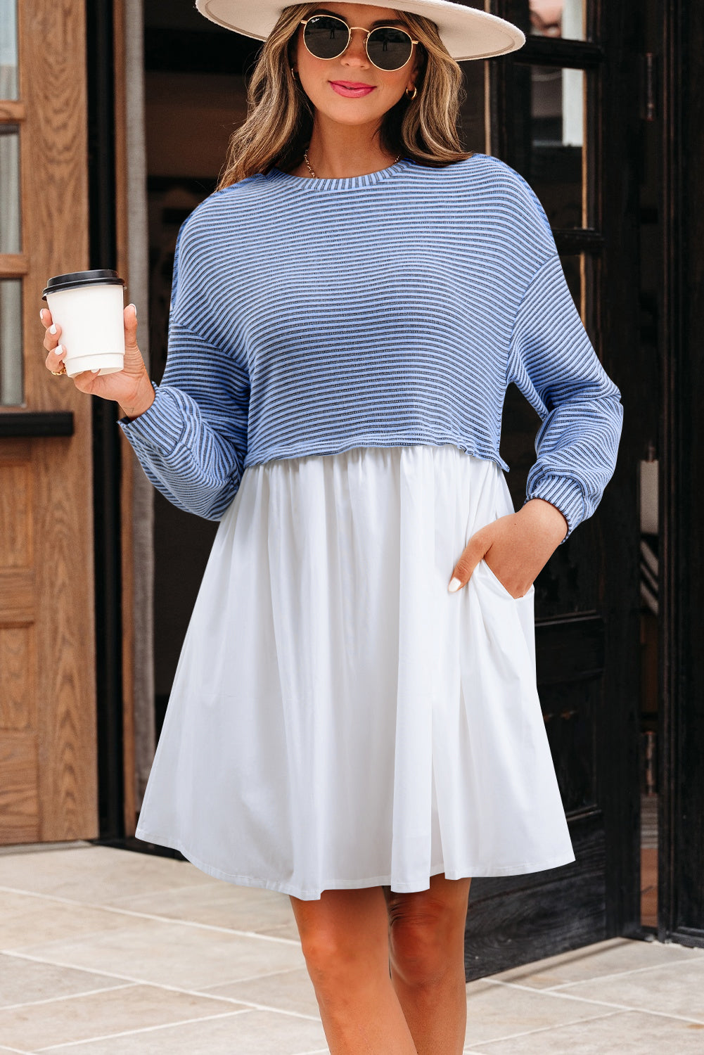 Sky Blue Stripe Patchwork Pleated High Waist Loose Mini Dress