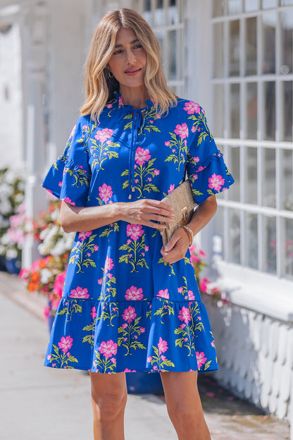 Women's Blue Floral V-Neck Summer Mini Dress