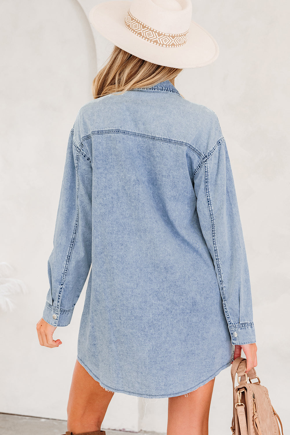 Beau Blue Chest Pocket Raw Hem Denim Loose Shirt Dress