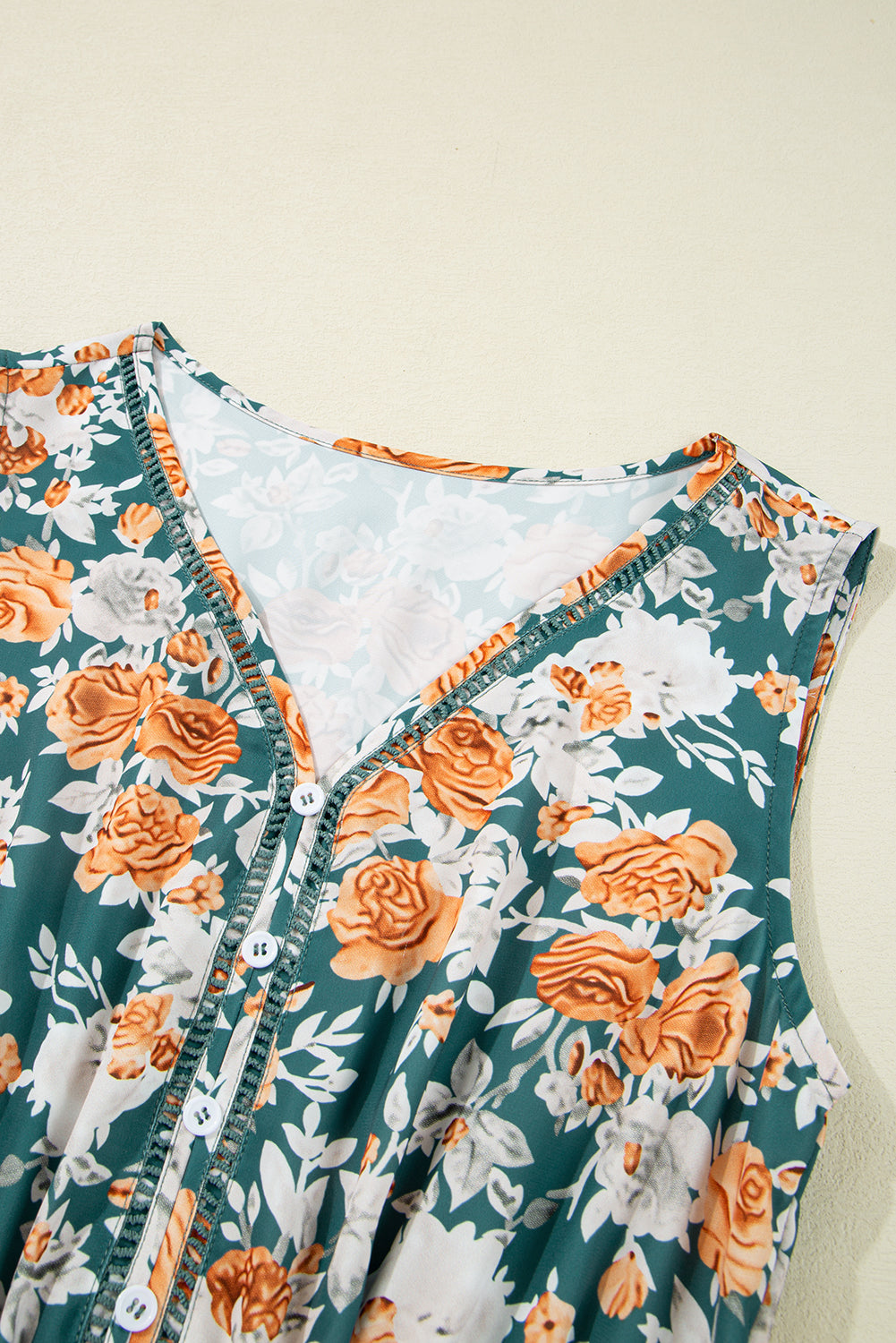 Women's Green Floral V Neck Sleeveless Summer Midi Dress