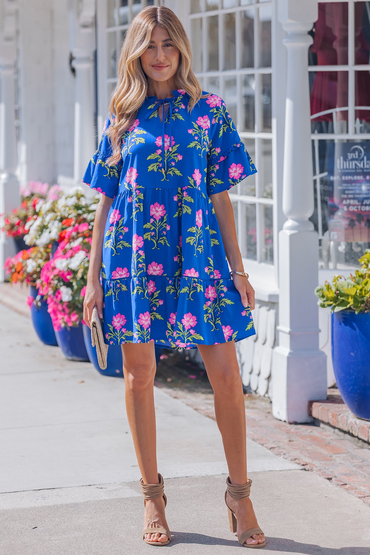 Blue Floral V-Neck Cotton Mini Dress for Women