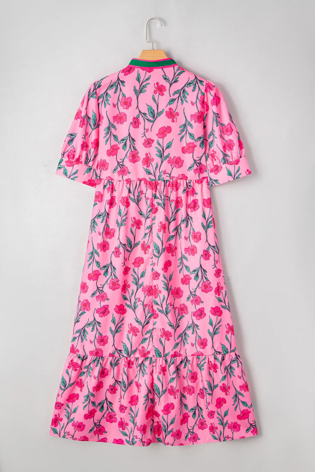 Pink Floral A-line Maxi Dress with Puff Sleeves