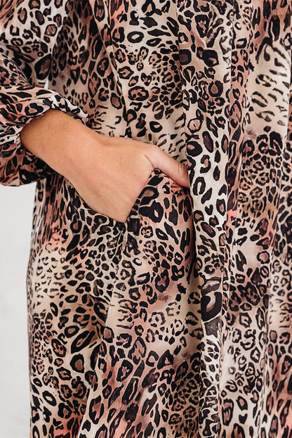 Women's Brown Leopard Ruffled Detail Long Sleeve Summer Mini Dress