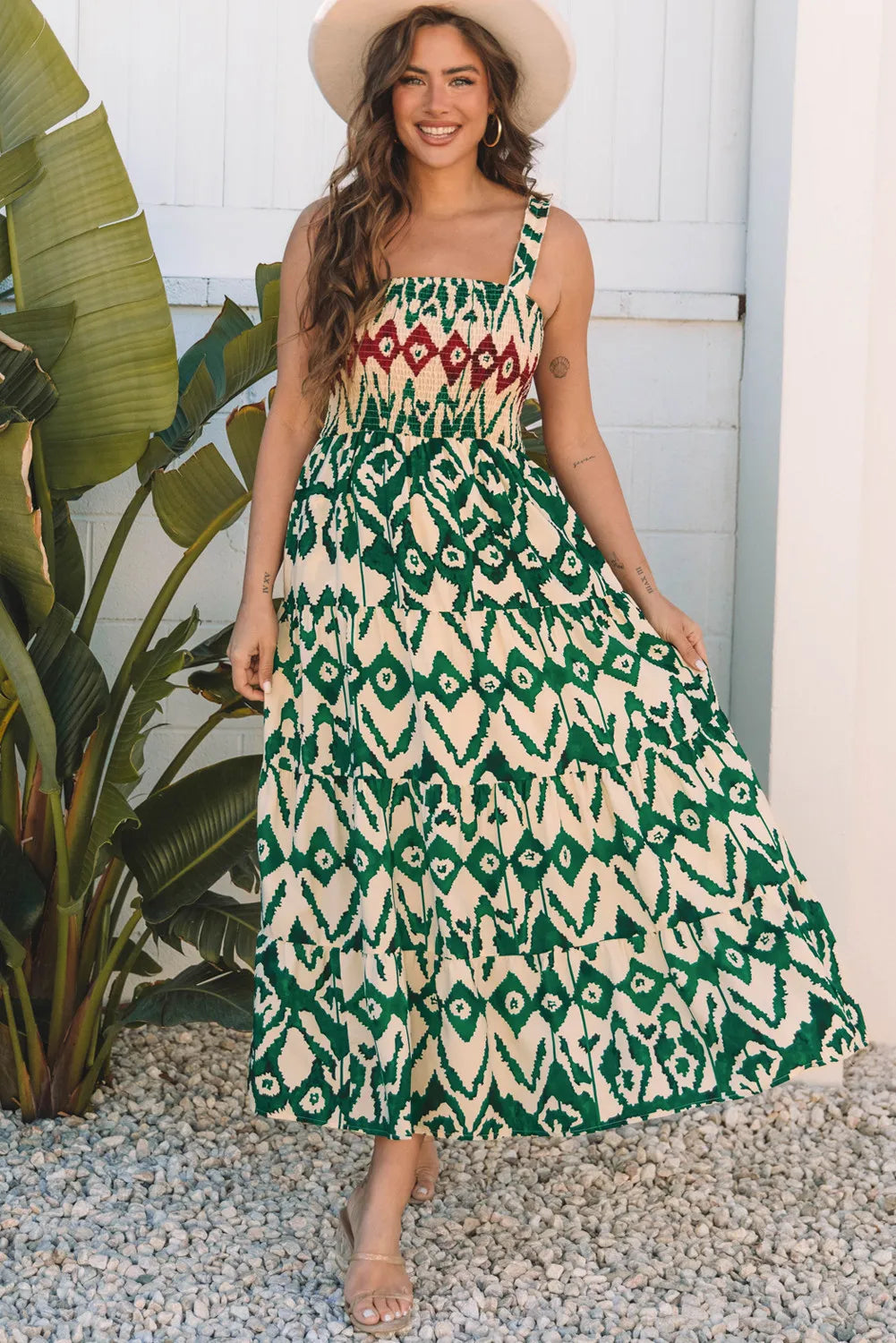 Green Aztec Print Shirred Maxi Dress