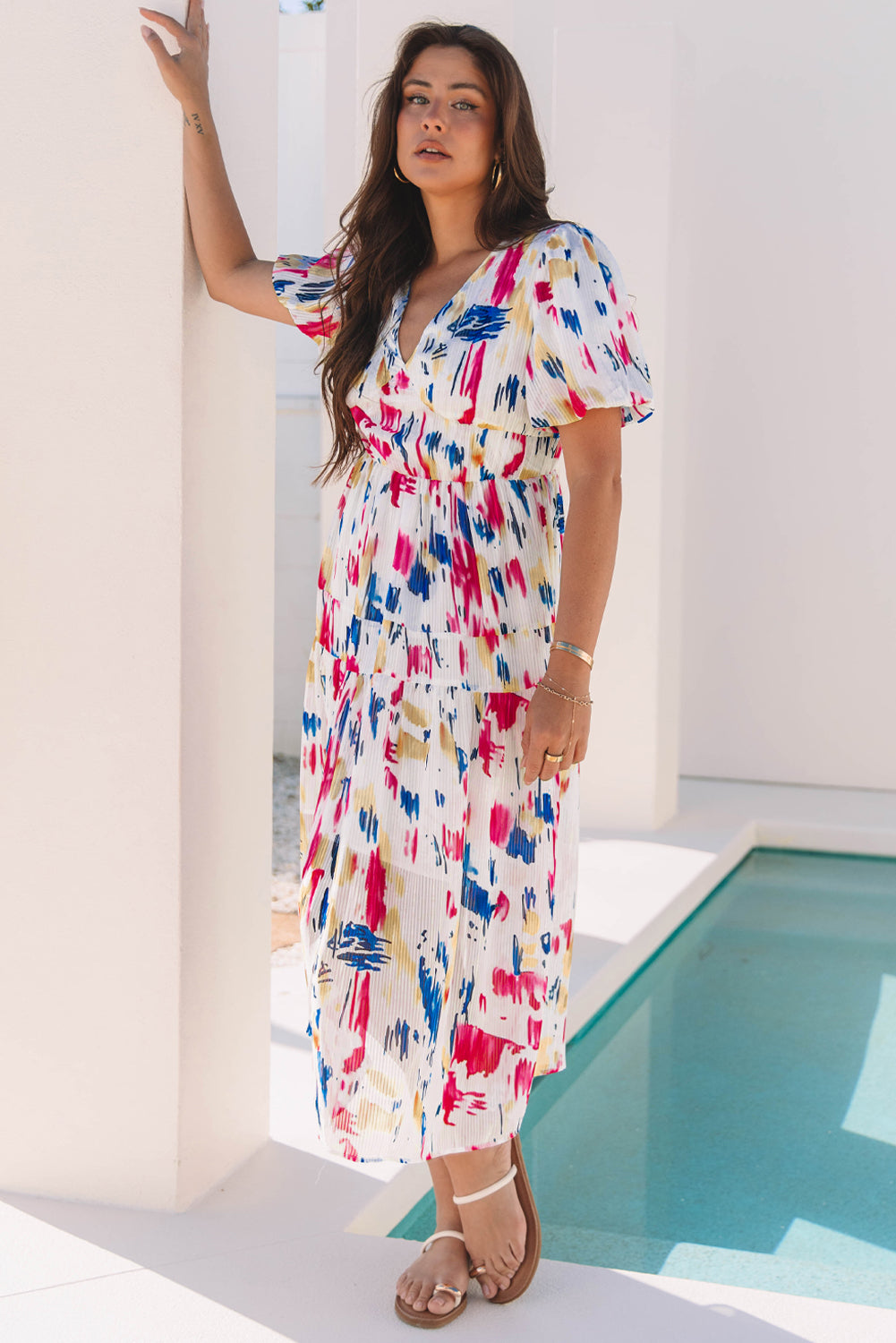 Women's Rose Abstract Print Short Puff Sleeve Summer Maxi Dress
