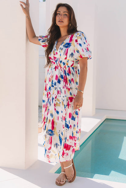 Women's Rose Abstract Print Short Puff Sleeve Summer Maxi Dress
