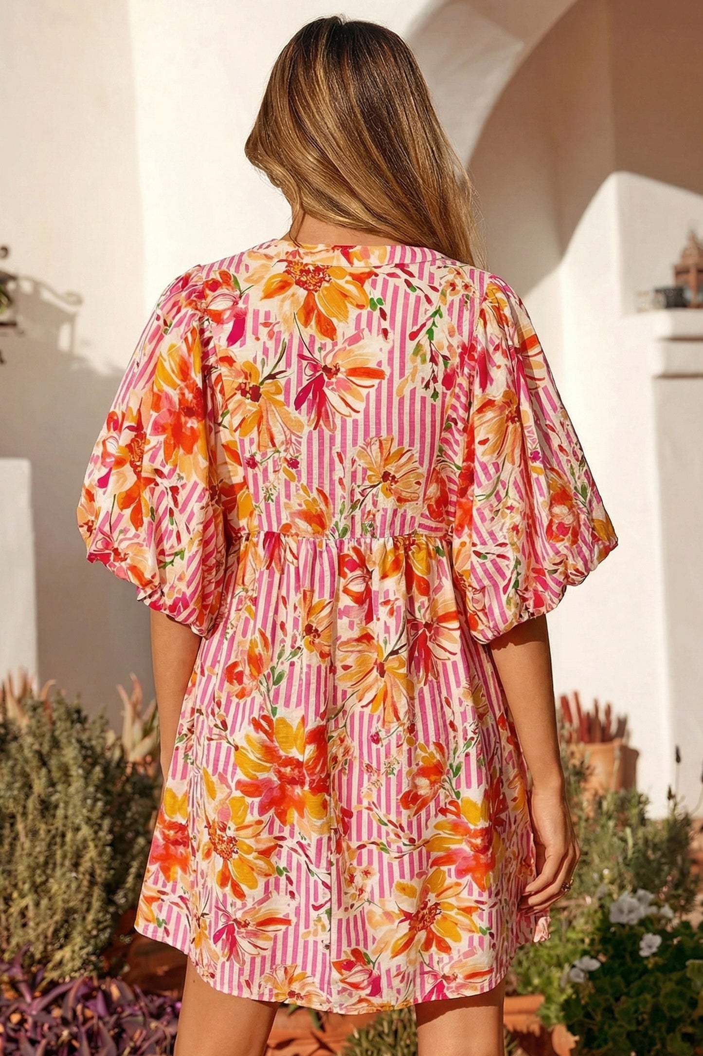 Women's Pink Floral Puff Sleeve Summer Mini Dress