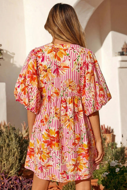 Women's Pink Floral Puff Sleeve Summer Mini Dress