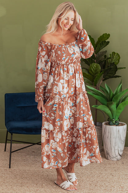 Women's Brown Floral Square Neck Summer Midi Dress