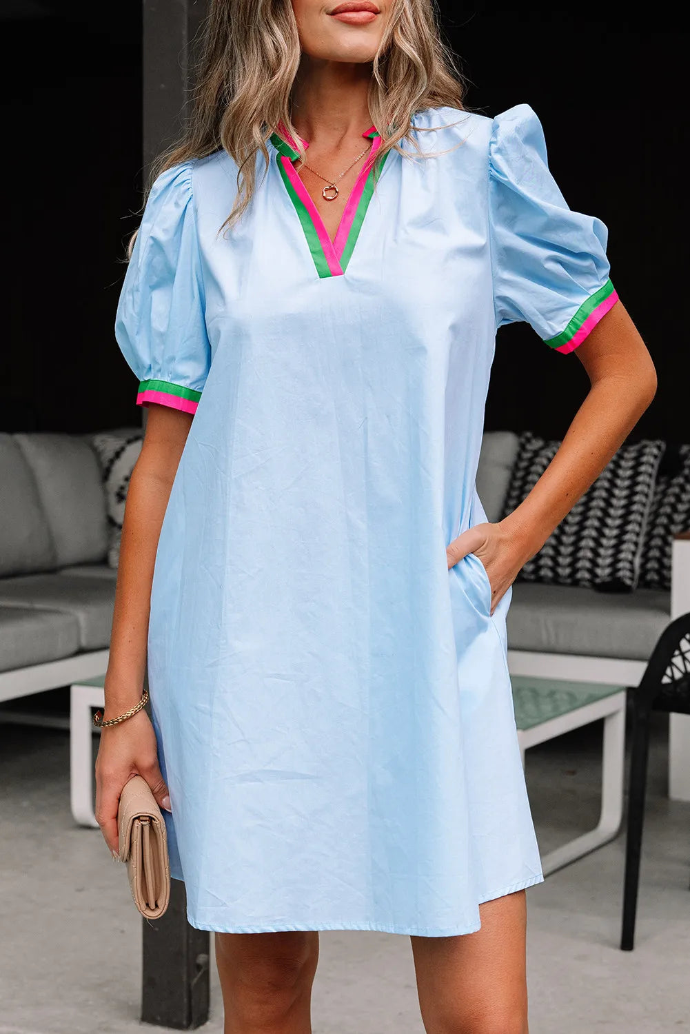Sky Blue Cotton Puff Sleeve Mini Dress with Colourblock Trim