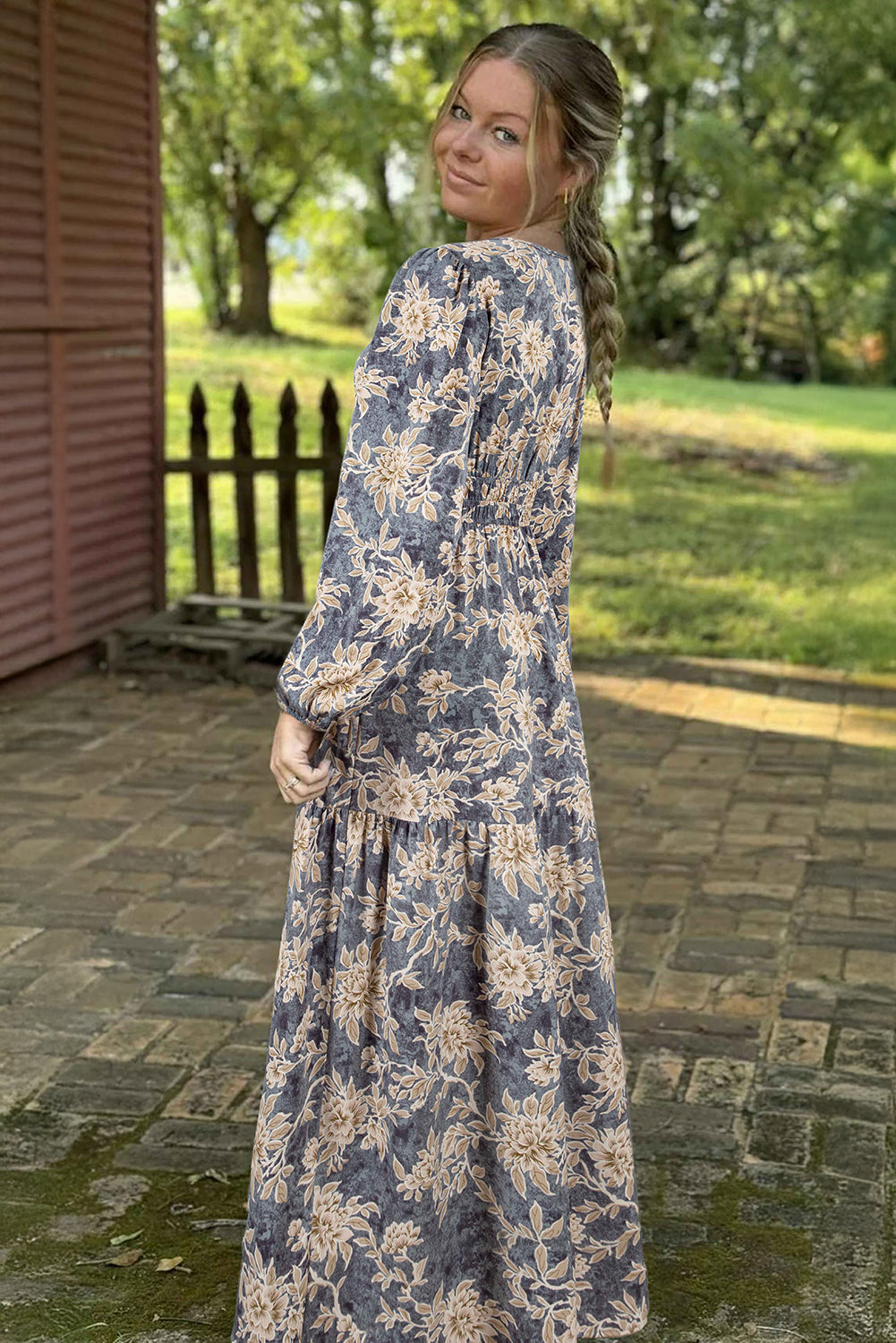 Women's Blue Floral High Waist Long Sleeve Summer Maxi Dress