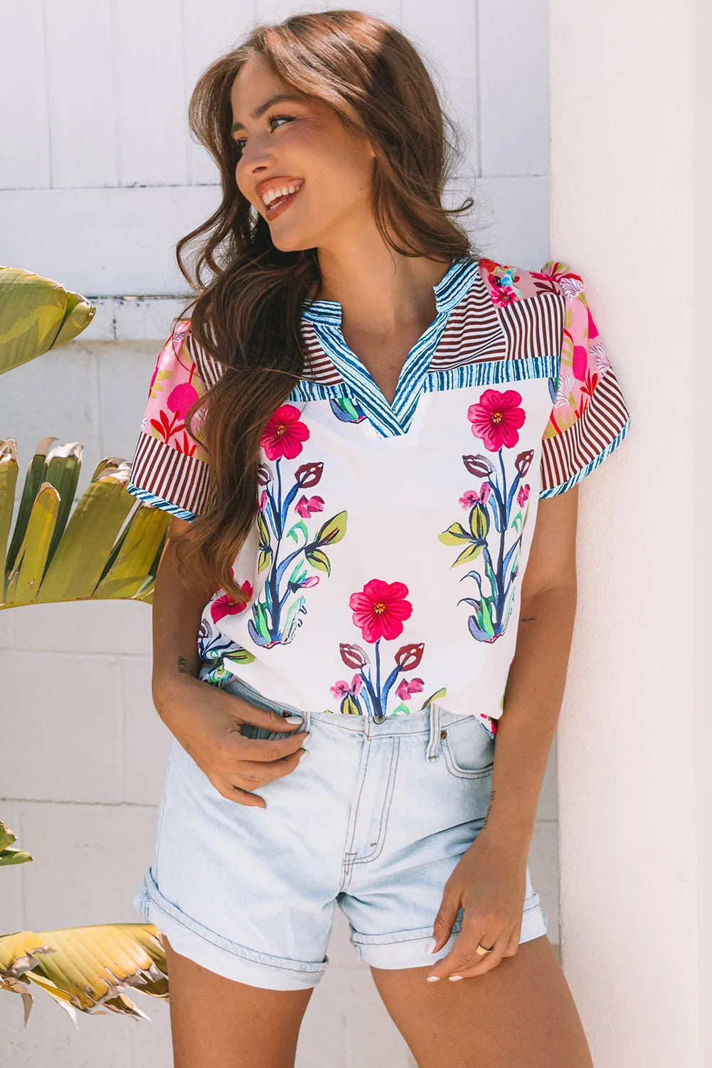 Sunscape Patchwork Floral Short Sleeve Blouse