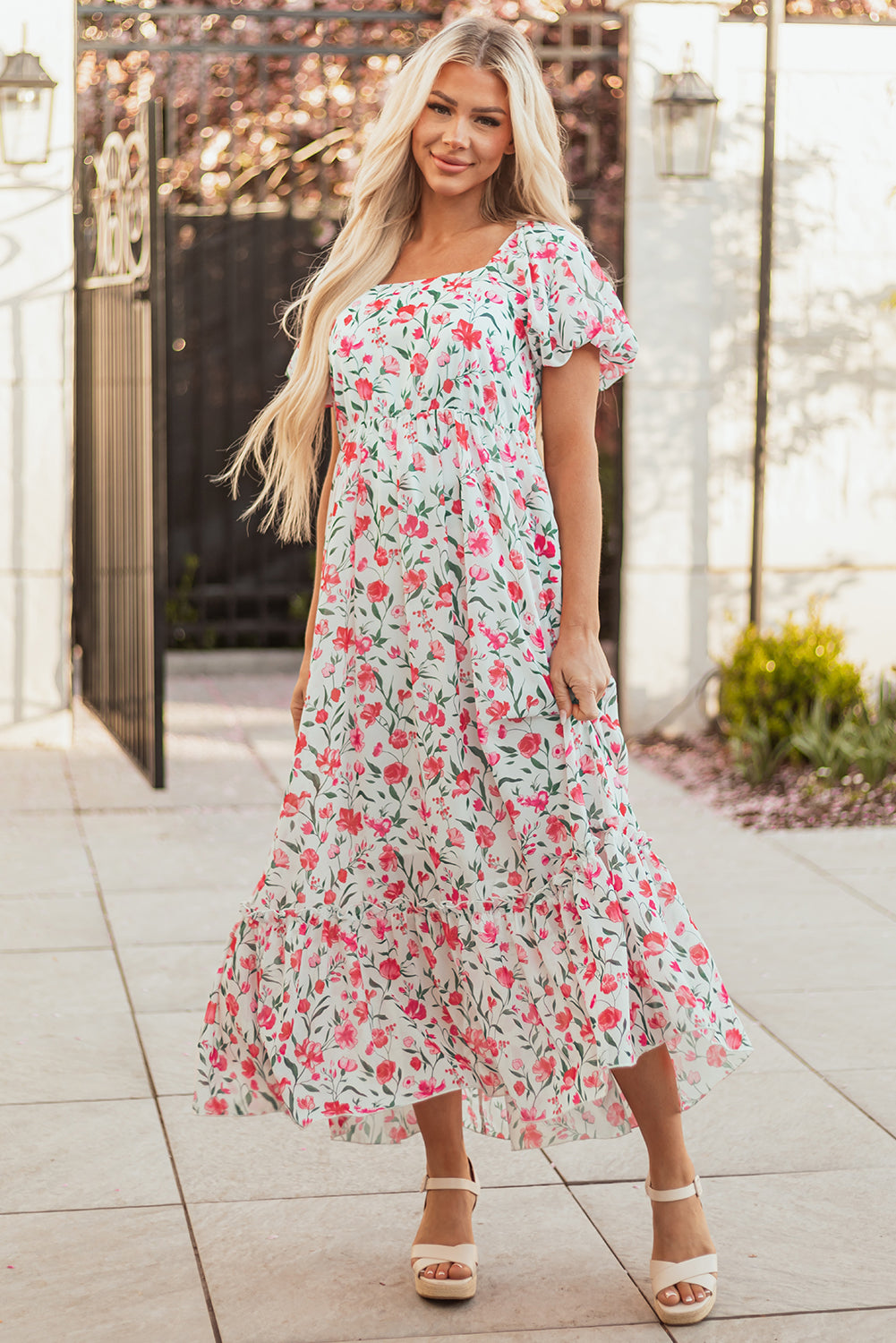 Women's Pink Floral Puff Sleeve Summer Maxi Dress
