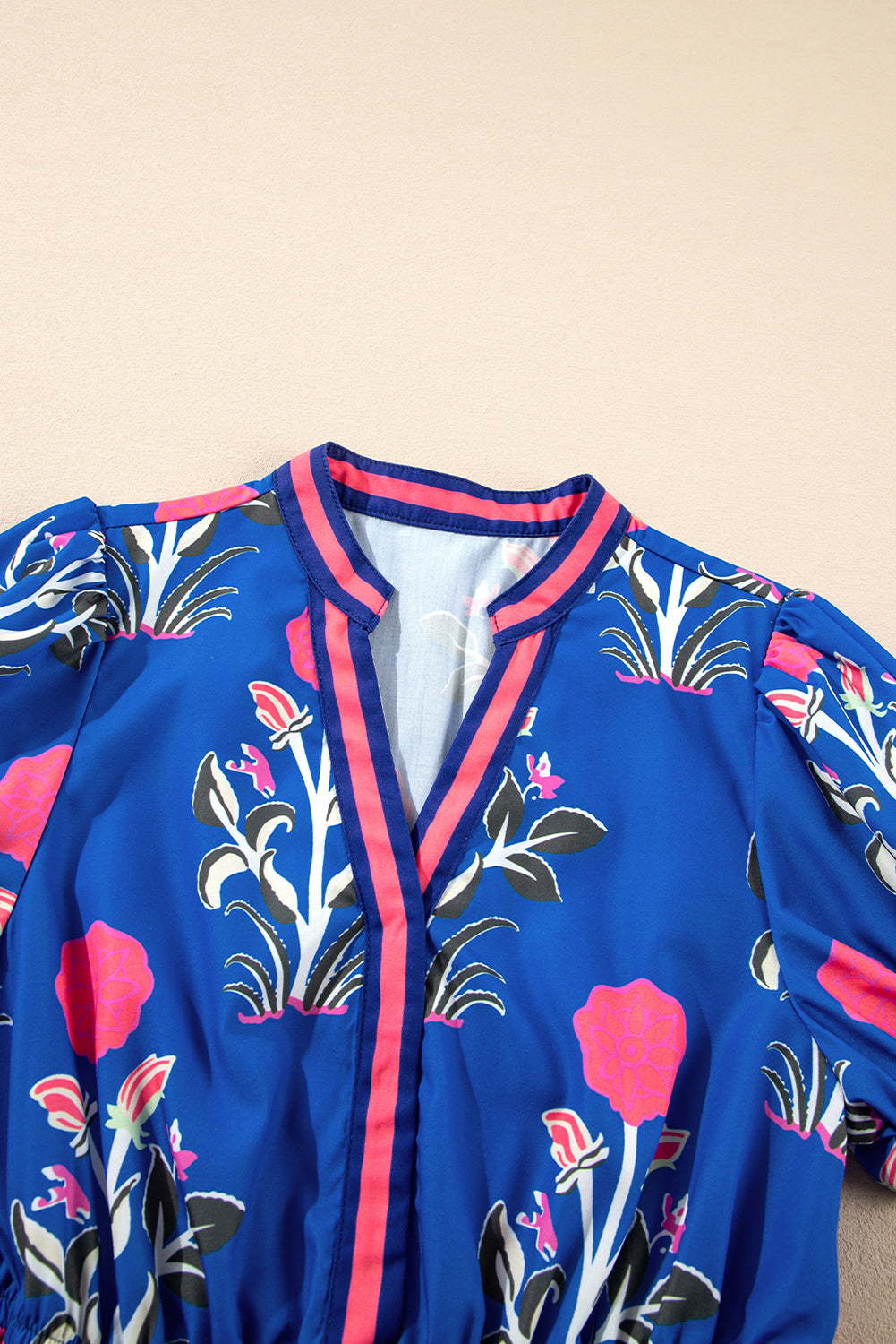 Women's Blue Floral Puff Short Sleeve V Neck Summer Midi Dress
