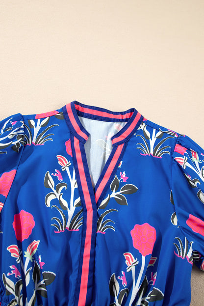 Women's Blue Floral Puff Short Sleeve V Neck Summer Midi Dress