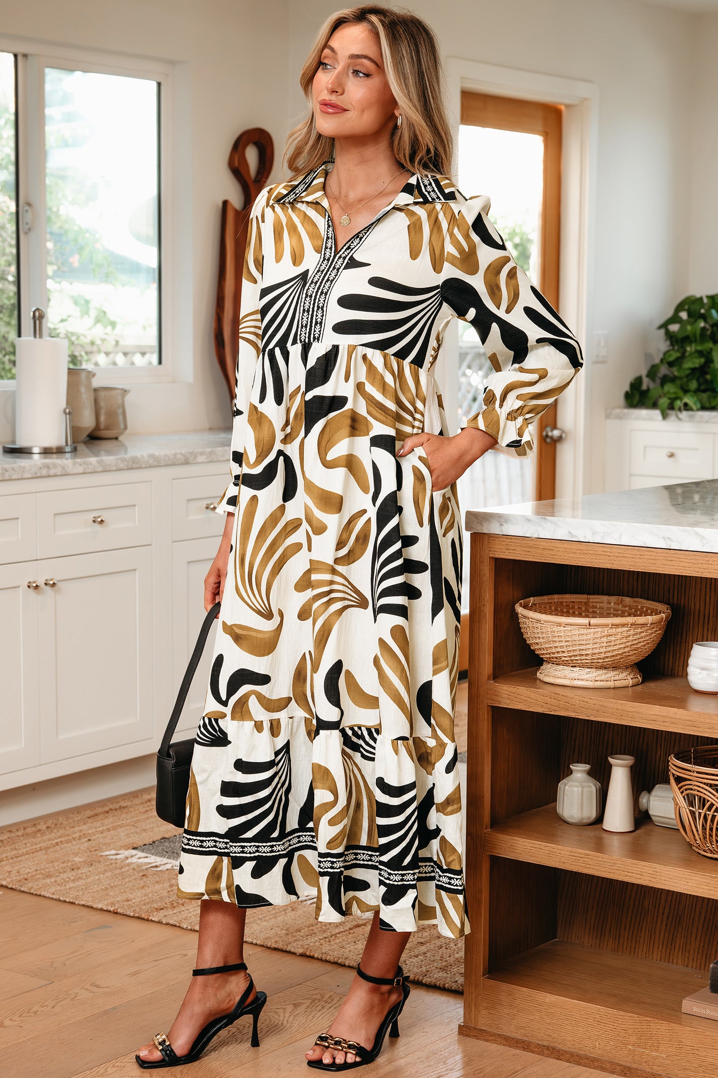 Women's Brown Floral Long Sleeve Summer Maxi Dress