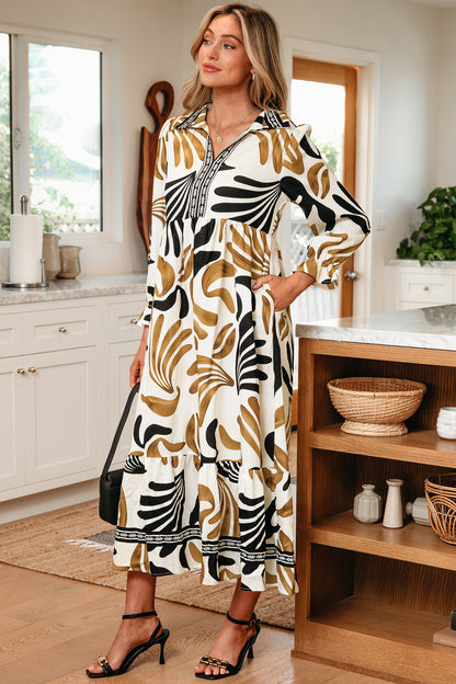 Women's Brown Floral Long Sleeve Summer Maxi Dress