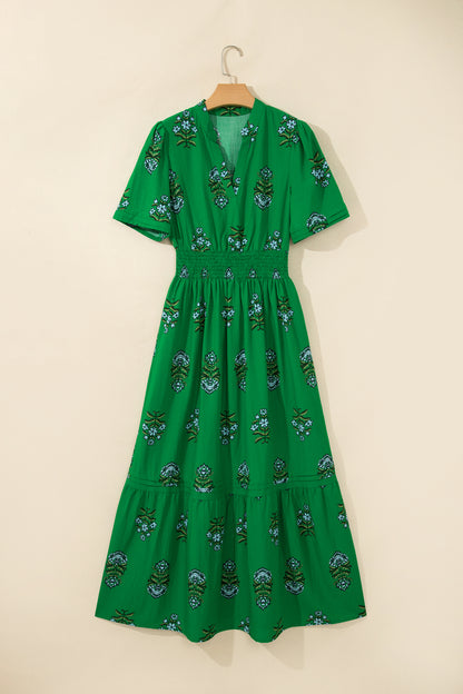 Women's Green Floral High Waist Summer Maxi Dress