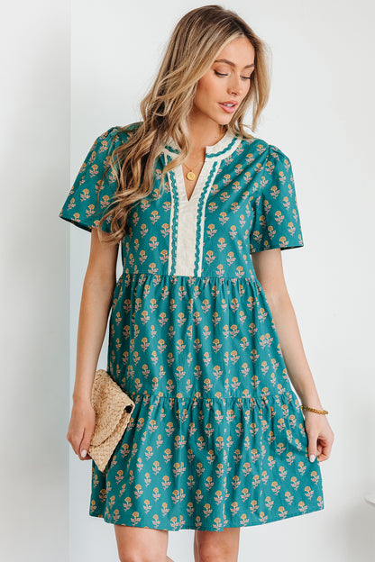 Women's Green Floral V Neck Short Sleeve Summer Mini Dress