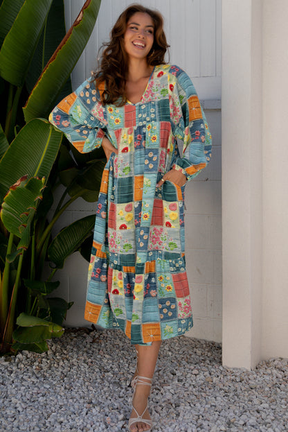 Women's Blue Mix Floral Long Sleeve Summer Midi Dress