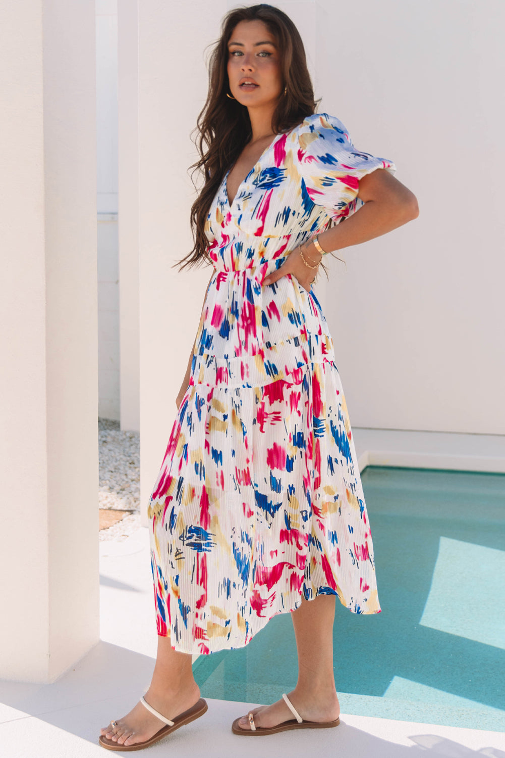 Women's Rose Abstract Print Short Puff Sleeve Summer Maxi Dress