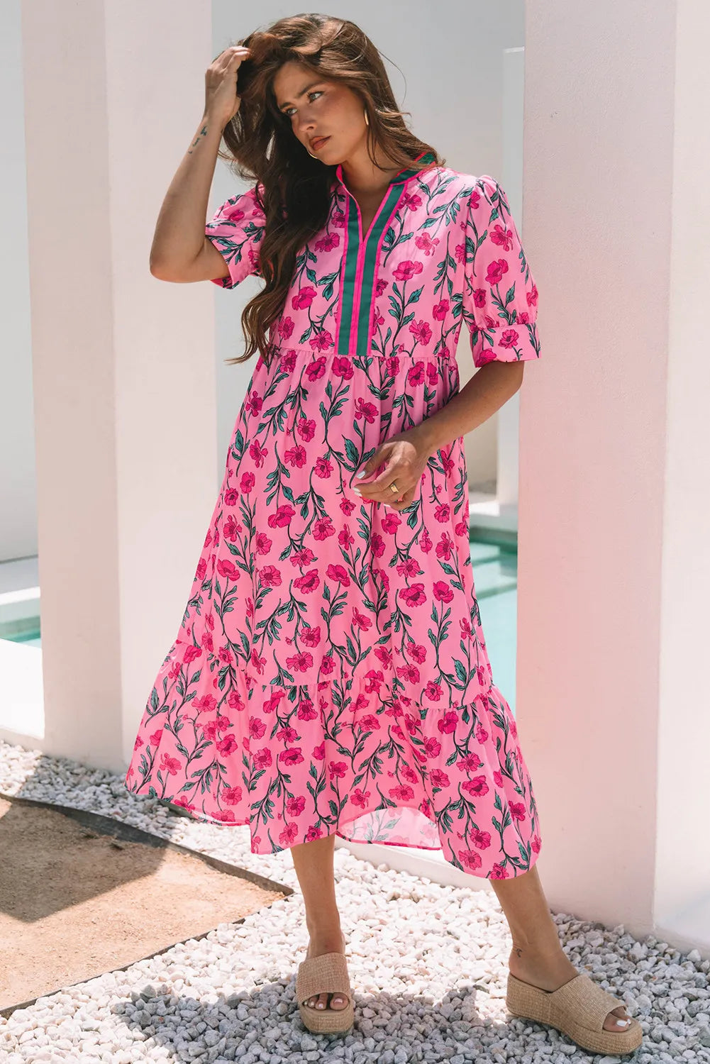 Pink Floral A-line Maxi Dress with Puff Sleeves