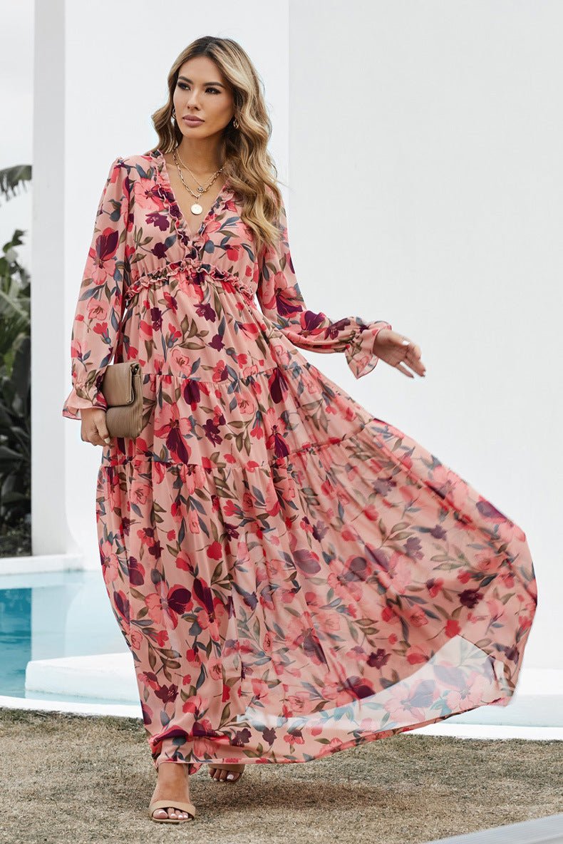 Flowy Floral Chiffon Maxi Dress - ALMORIO