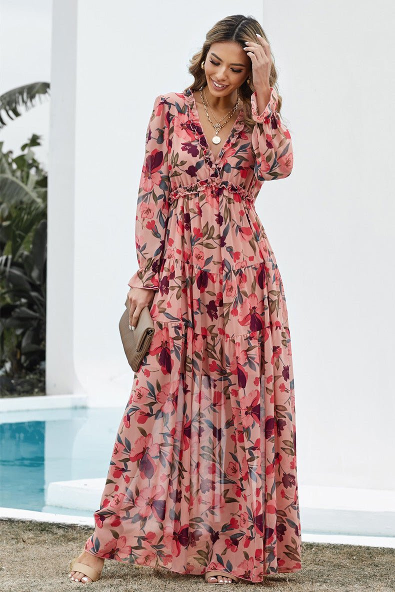 Flowy Floral Chiffon Maxi Dress - ALMORIO