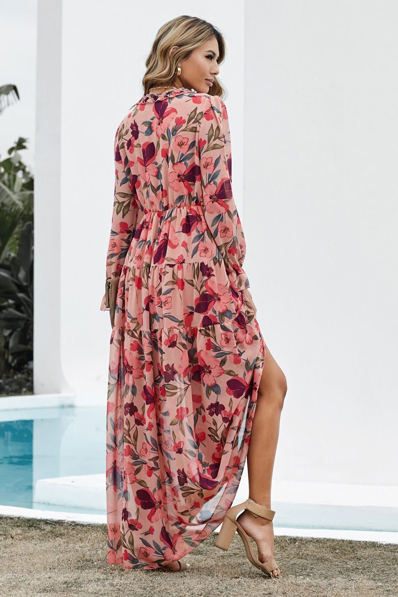 Flowy Floral Chiffon Maxi Dress - ALMORIO