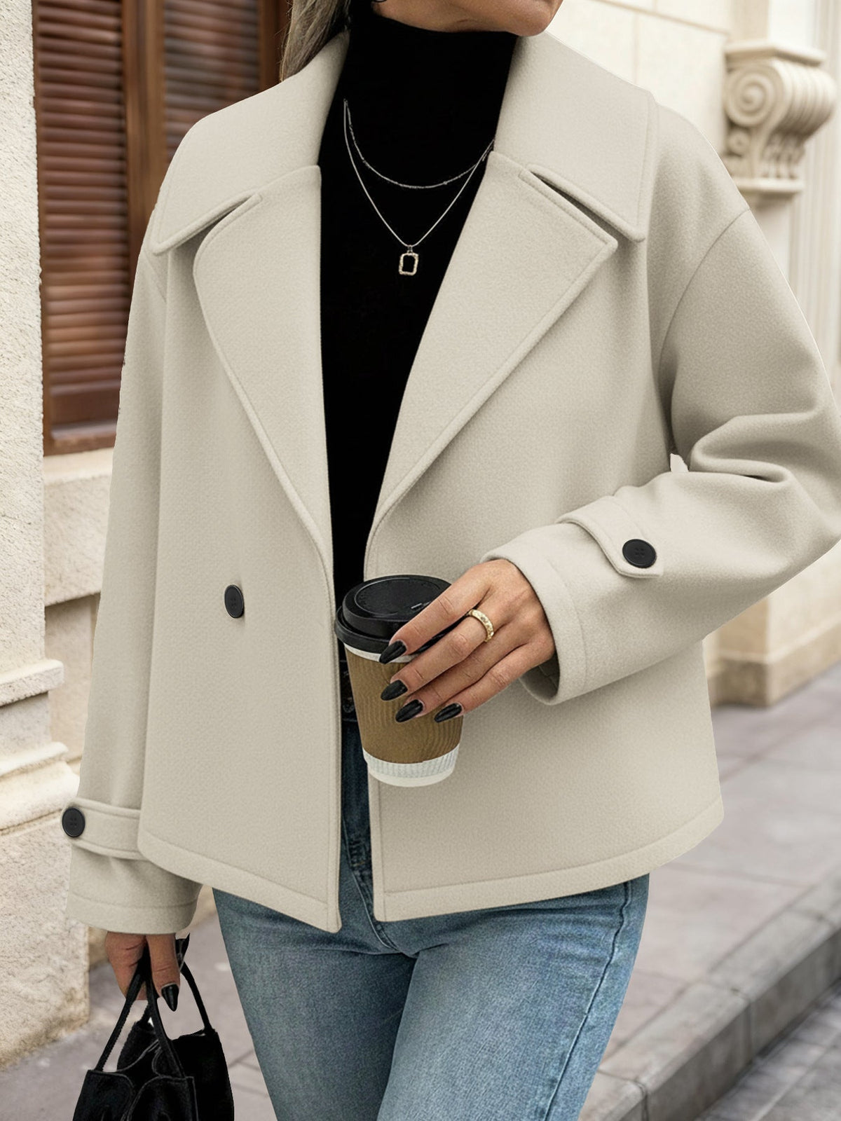 Women's Double Breasted Coat in Beige, view 2