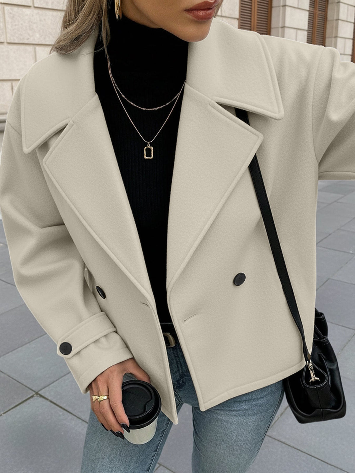 Women's Double Breasted Coat in Beige, view 4