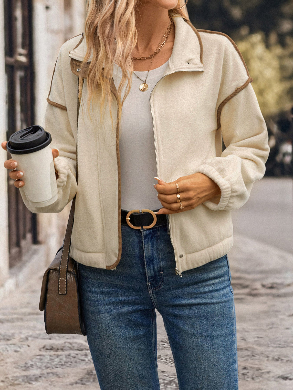 Women's Zip Fleece Jacket in Cream