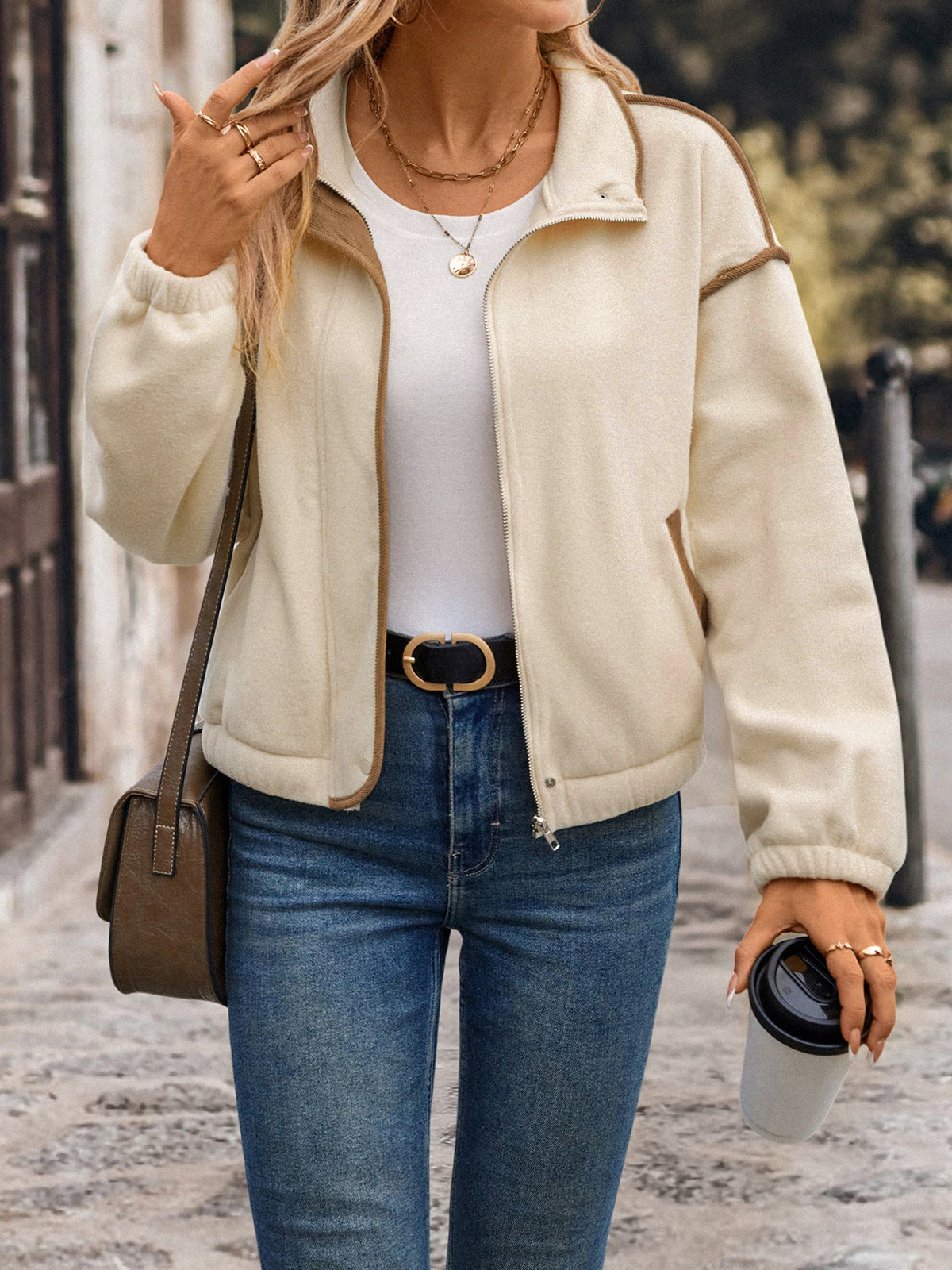 Women's Zip Fleece Jacket in Cream, view 3