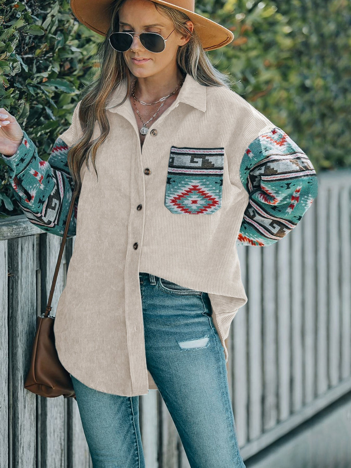 Women's Patchwork Shirt Jacket in Beige