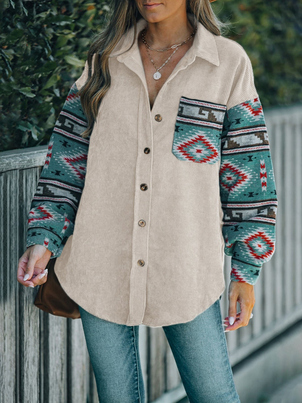 Women's Patchwork Shirt Jacket in Beige, view 5