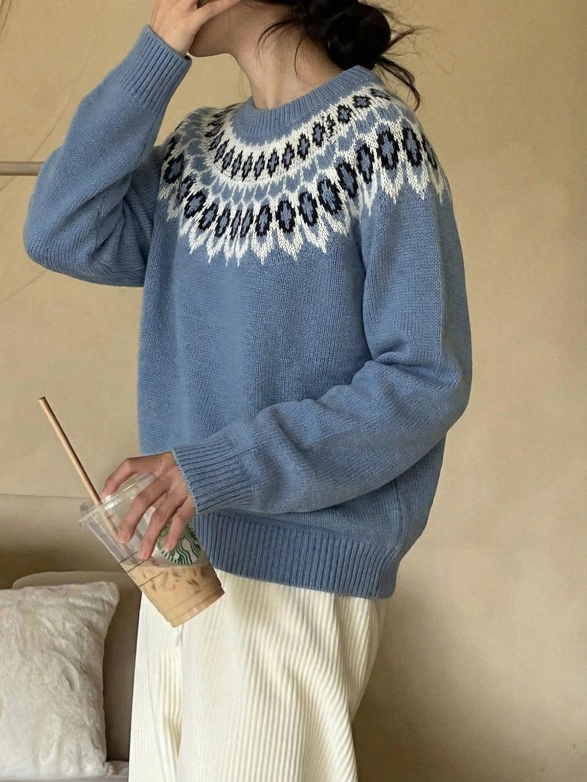 Women's Fair Isle Yoke Jumper in Blue, view 3