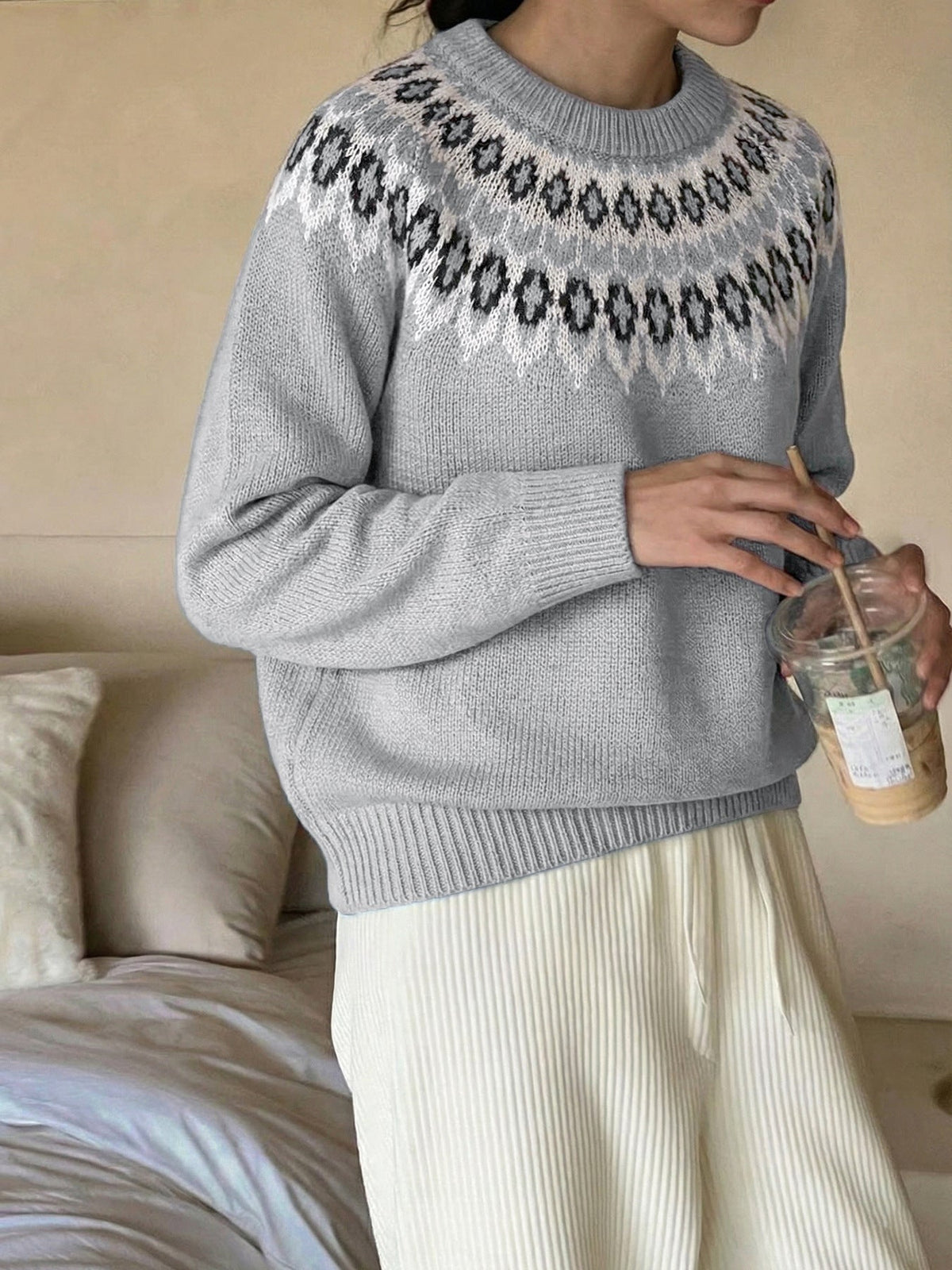 Women's Fair Isle Yoke Jumper in Grey, view 2