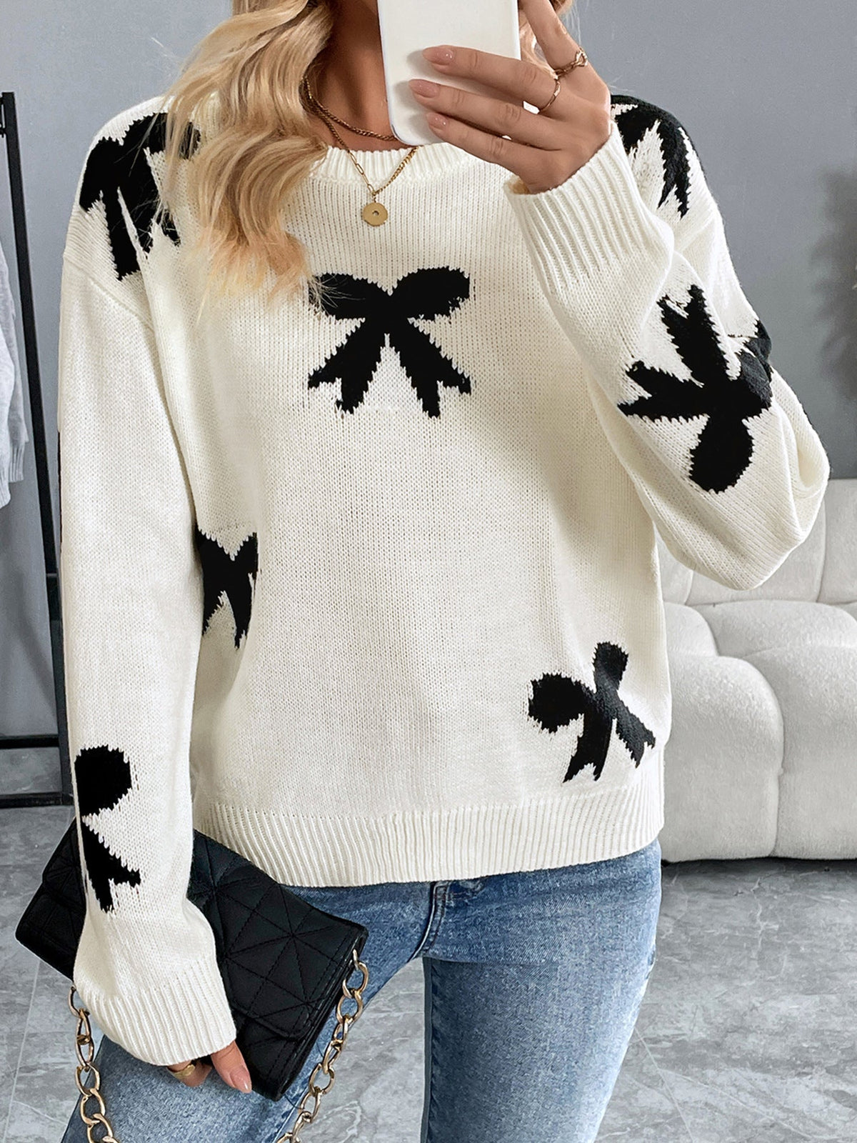 Women's Bow Pattern Jumper in Cream, view 3