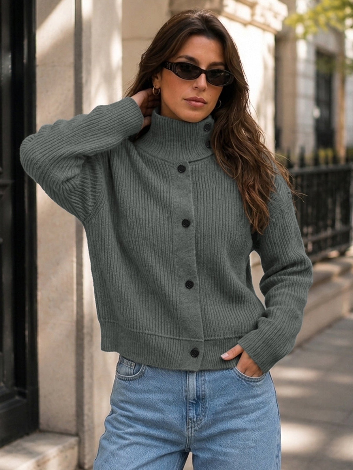 Women's Button Neck Jumper in Grey, view 2